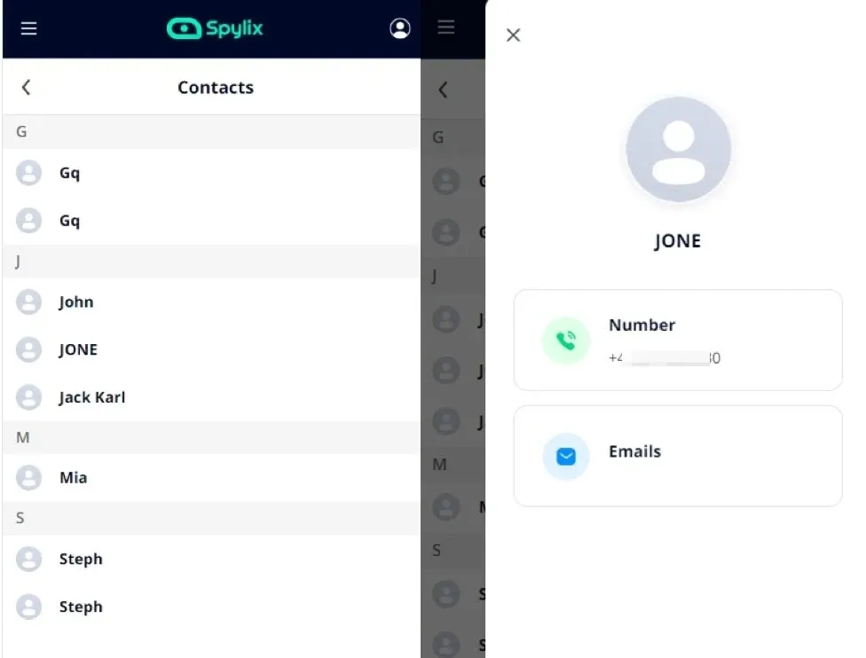 
Spylix によって監視される実際のユーザーの連絡先。