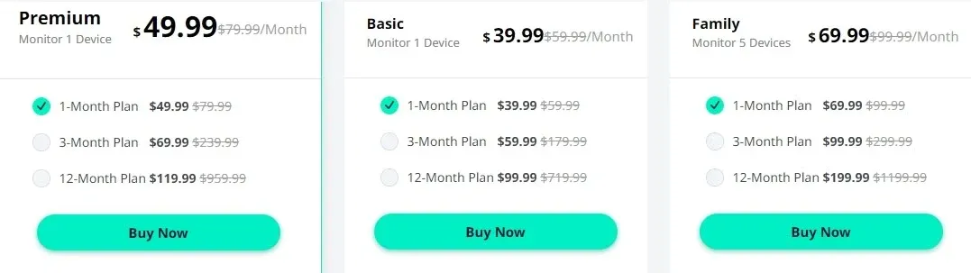 Spylix Android モニタリングの価格。