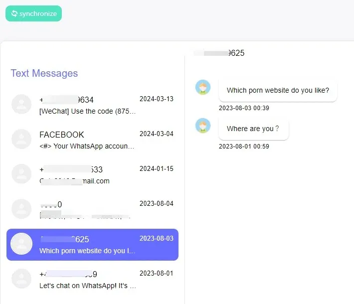 SMS von echten Benutzern, die von SpyX überwacht werden.