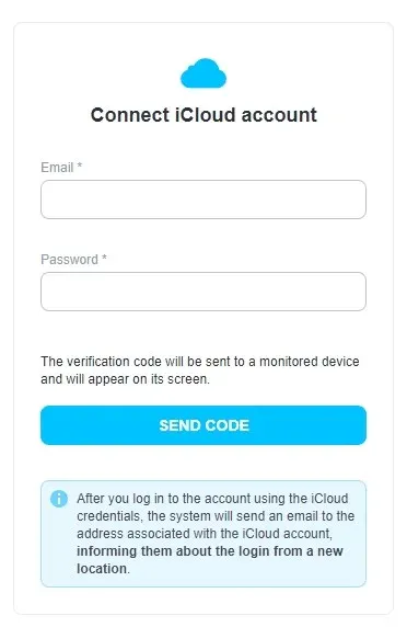 
Enter the iCloud account and password of the iPhone you want to monitor.