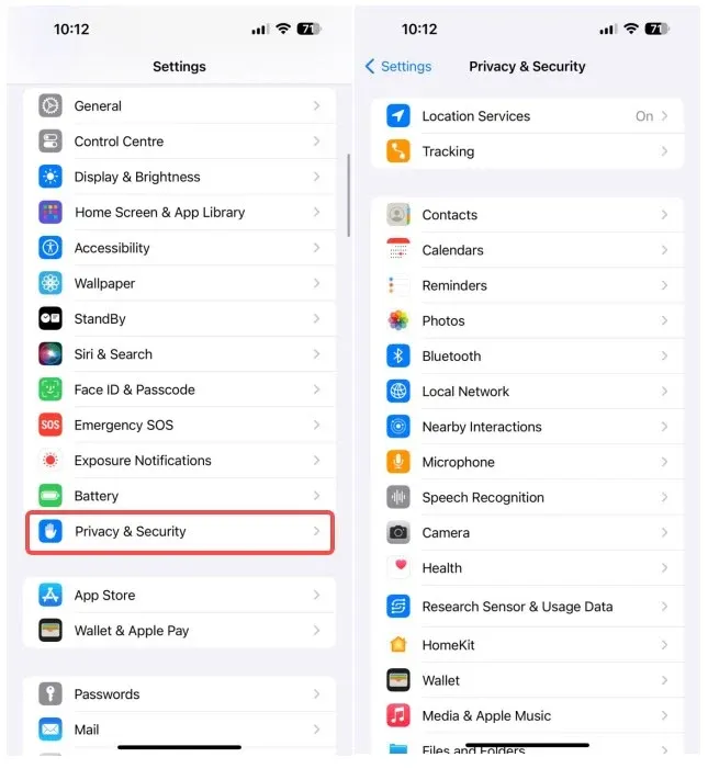 
iPhone settings privacy.