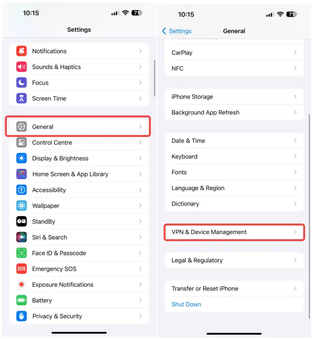 
iPhone setting VPN and device management.