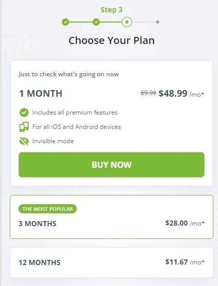 
mSpy price plan.