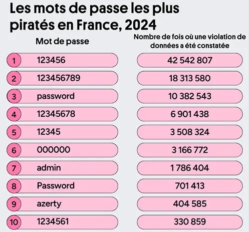 
Les mots de passe les plus piratés en France 2024