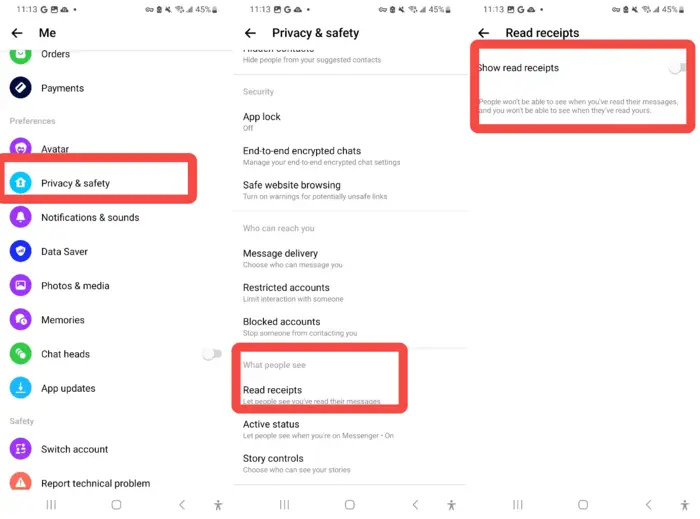 Steps to turn off read receipts on Facebook Messenger.