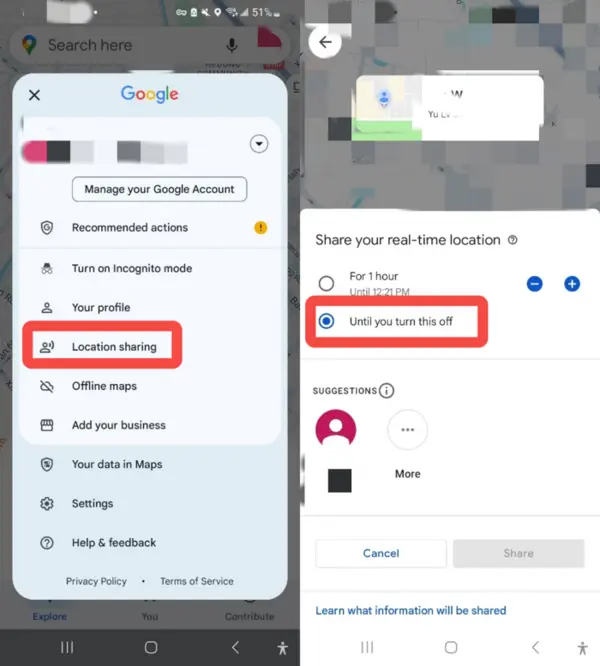 Steps to turn on Location sharing within Google Maps.