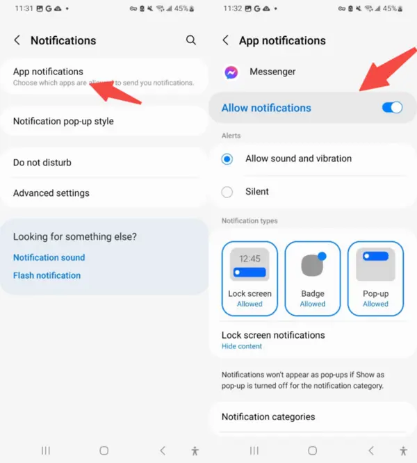 Steps to turn on Messenger notifications.