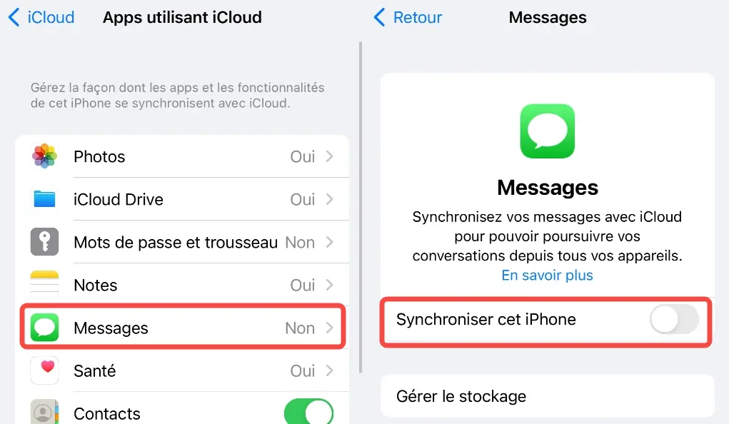 
Activez Messages pour synchroniser vos messages iCloud