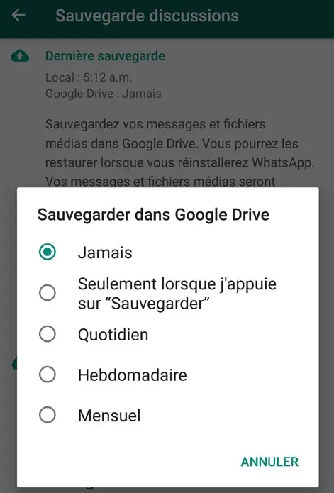 
Sauvegarder WhatsApp dans Google Drive