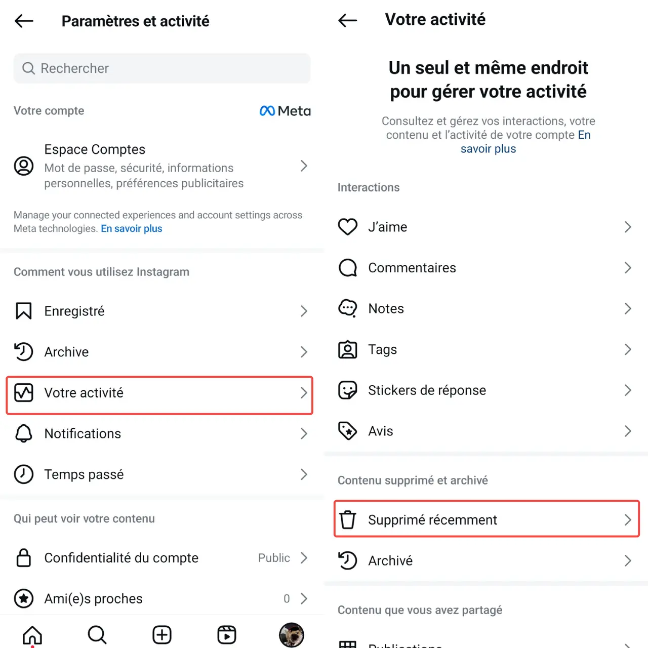 
Récupérer des messages supprimés Instagram via supprimé récemment