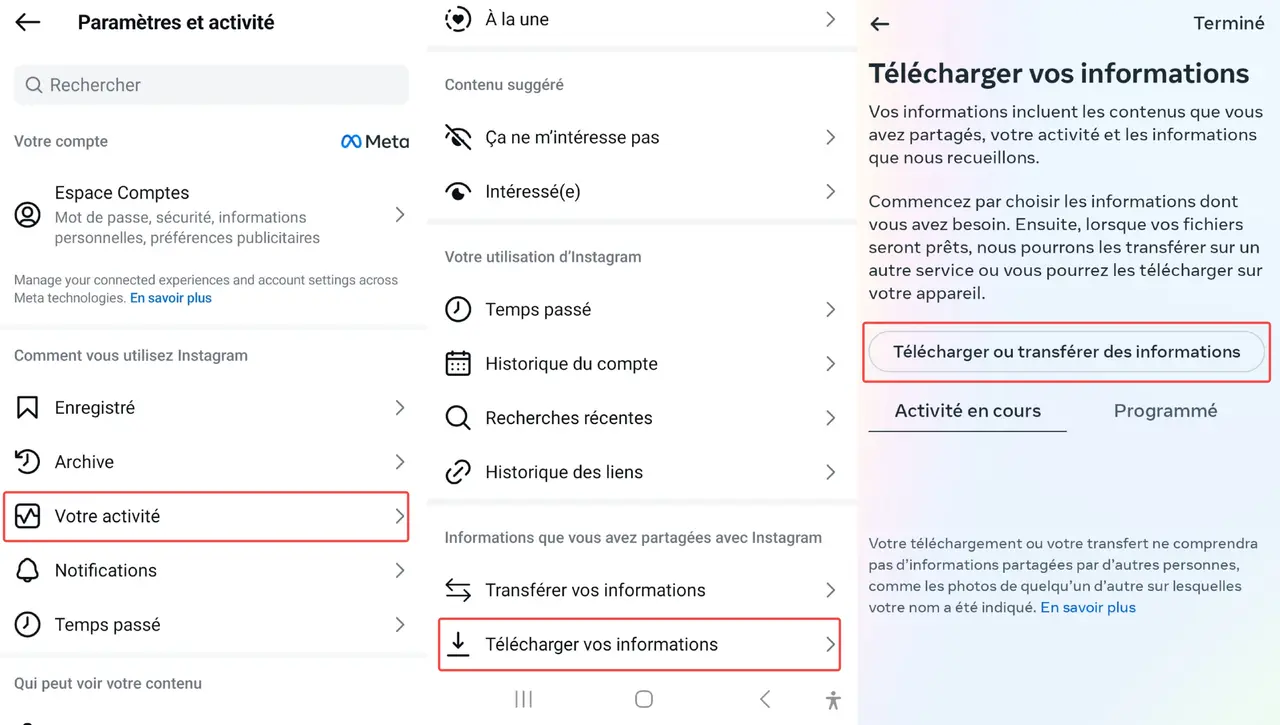 
Retrouver des messages supprimés Instagram en utilisant déléchargement les données