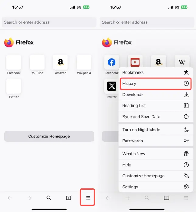 Steps to view Firefox history on iPhone.