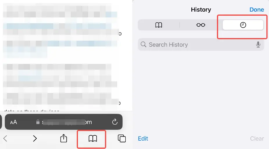 Steps to view Safari history on iPhone.