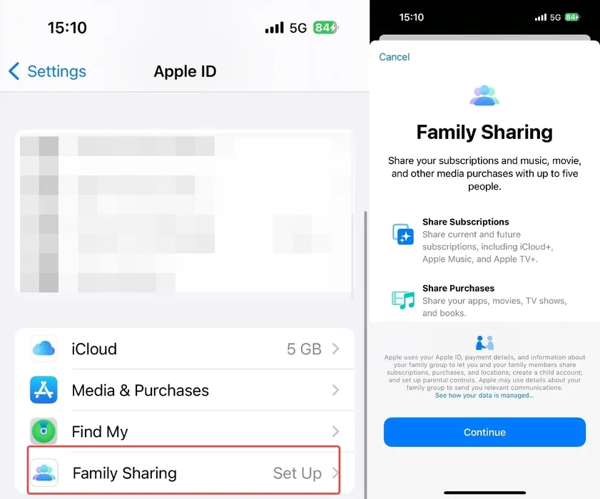 Turn on Family Sharing feature.