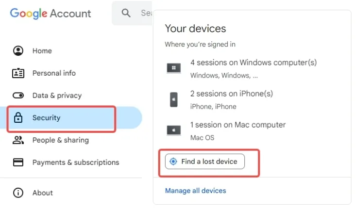 Steps to use Google account to locate lost devices.