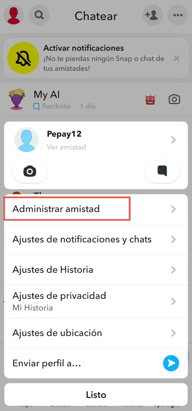 
administrar amistad snapchat