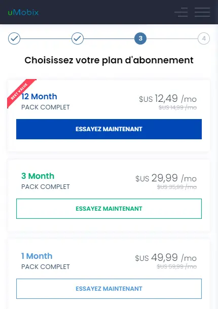 
le plan d'abonnement d'uMobix