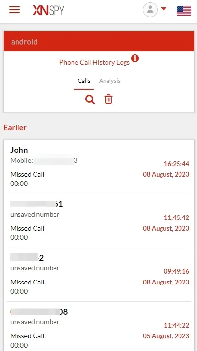 
                call history monitored by XNSPY from actual users'phone.