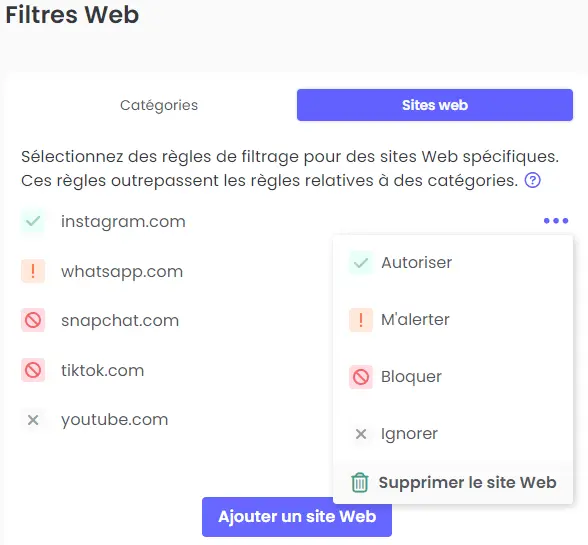 Ajouter site web à la liste de blocage