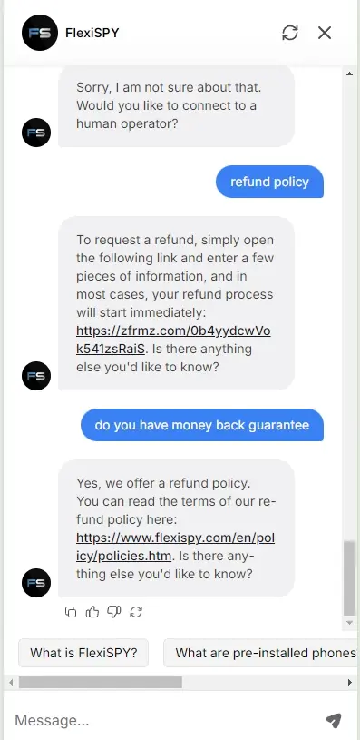 
FlexiSPY answers refund policy problems.