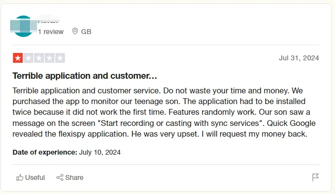  FlexiSPY negative reviews from real users shared on Trustpilot.