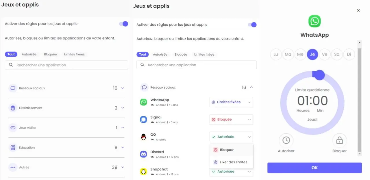 La fonctionnalité de limitation des applications de Qustodio