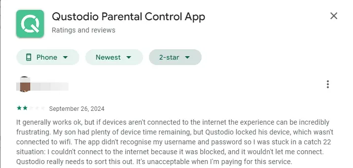 Negative reviews about Qustodio shared by real users on Google Play.