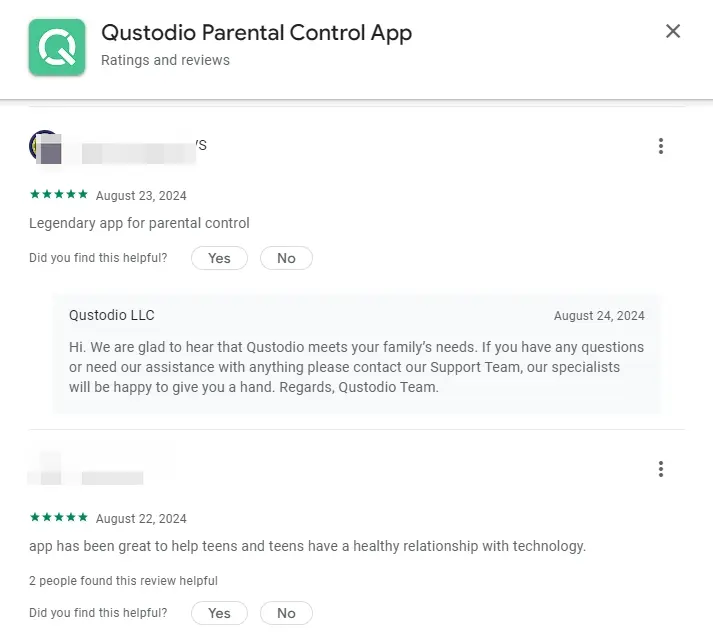 Positive reviews about Qustodio shared by real users on Google Play.