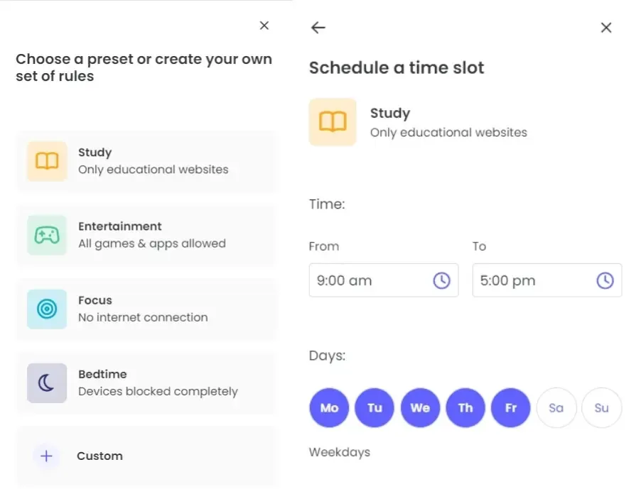 Schedule timeslot in Qustodio dashboard.