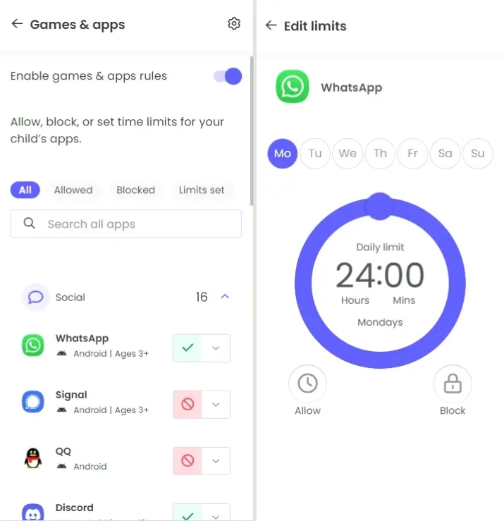 Set games and apps limitls in Qustodio dashboard.