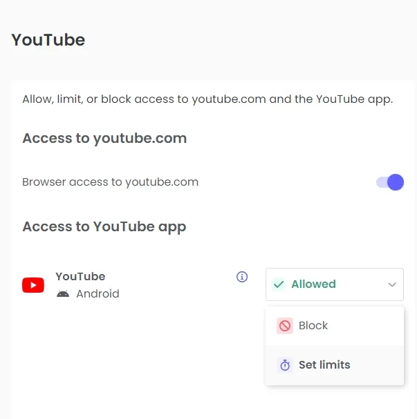 
        Set YouTube limits in Qustodio dashboard.