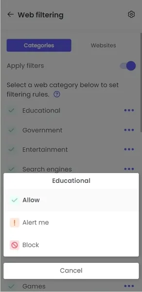 
        Web filters features of Qustodio.