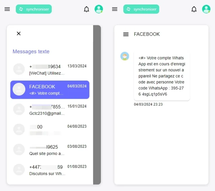 Msafely surveille les SMS de l'appareil cible