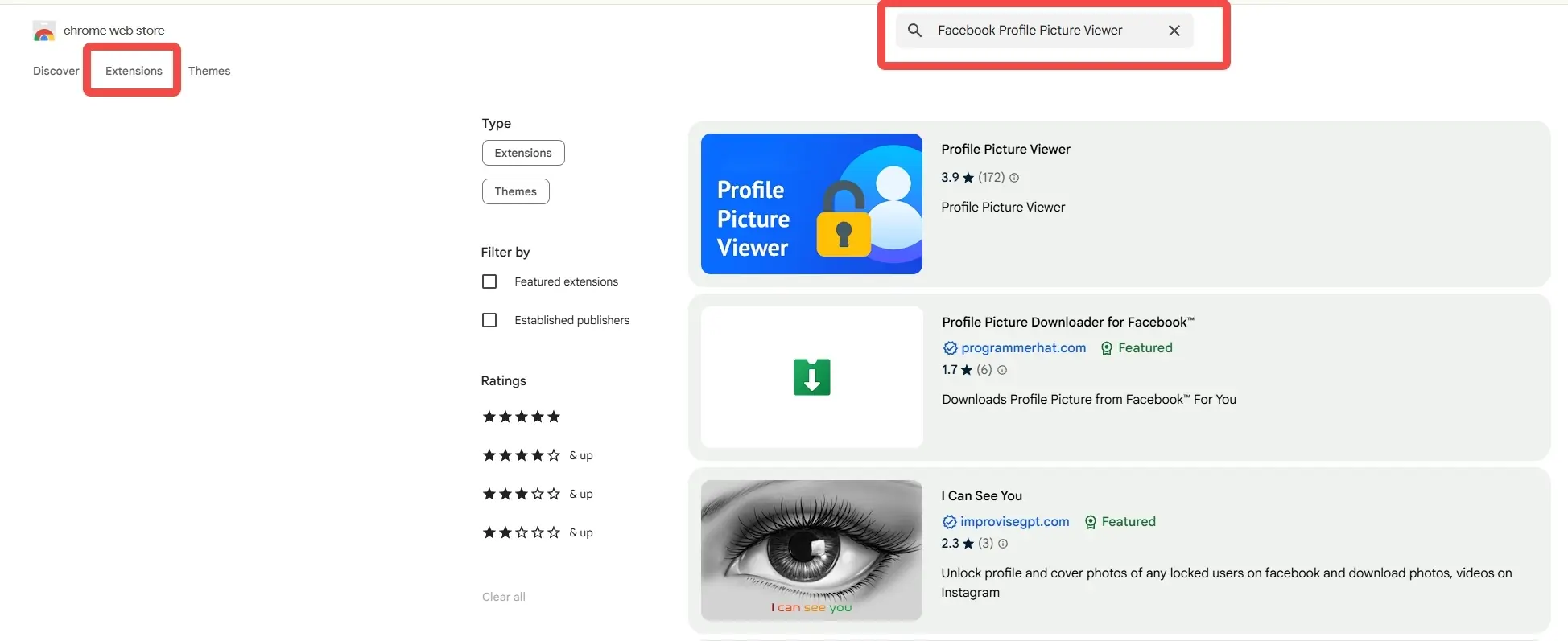 Find extensions like “ Facebook Profile Picture Viewer”.