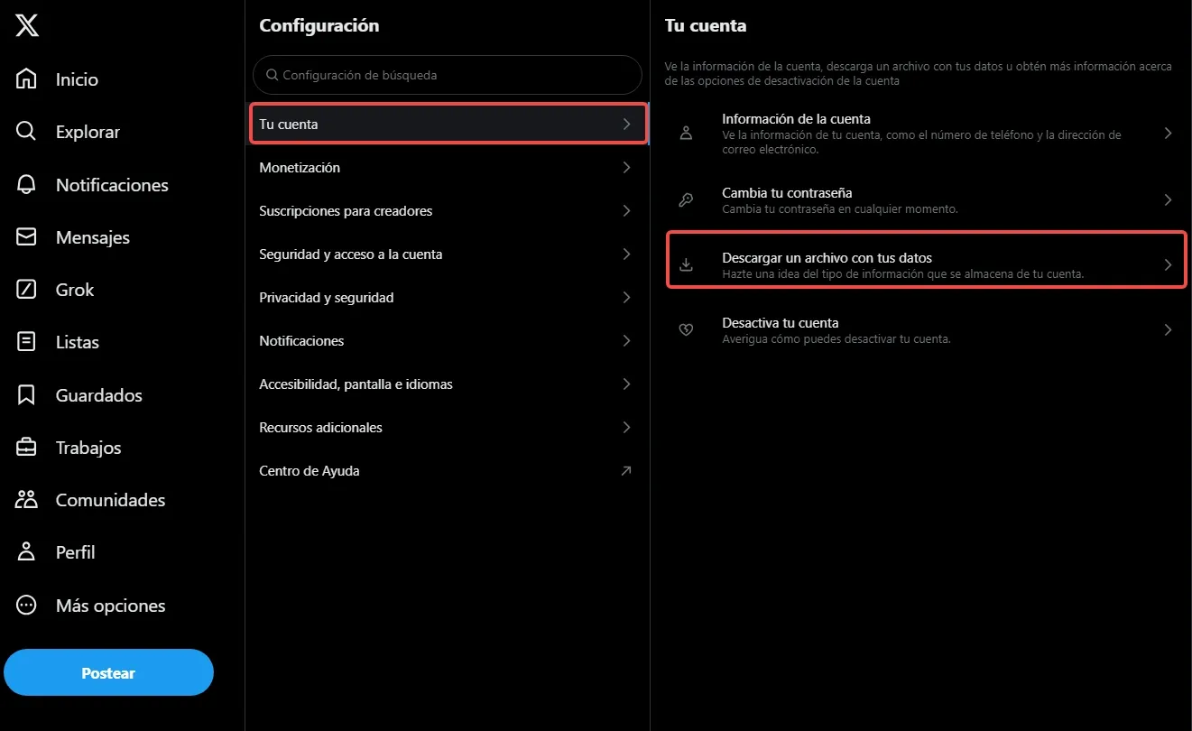 Captura de pantalla de configuración de X.