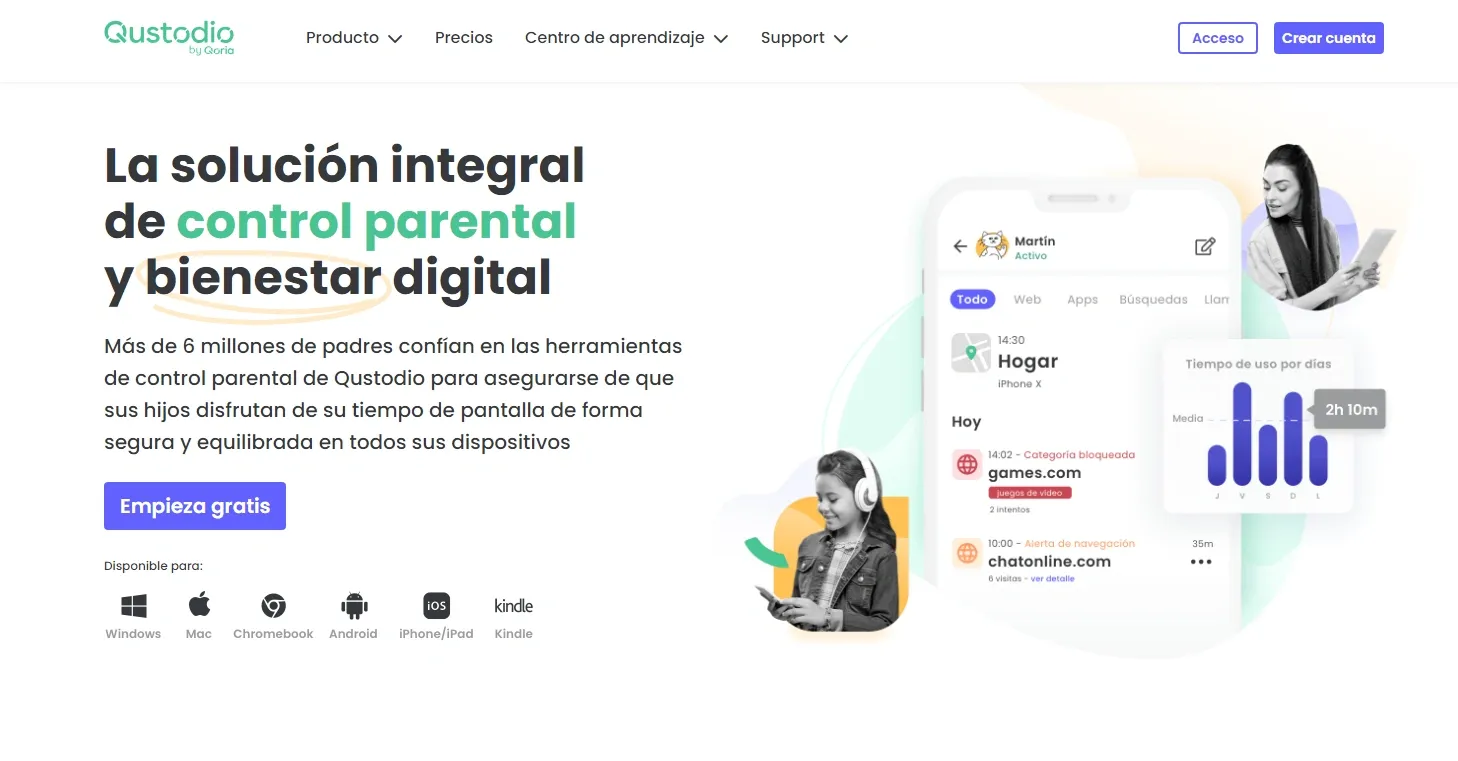 Captura de pantalla de la página de Qustodio