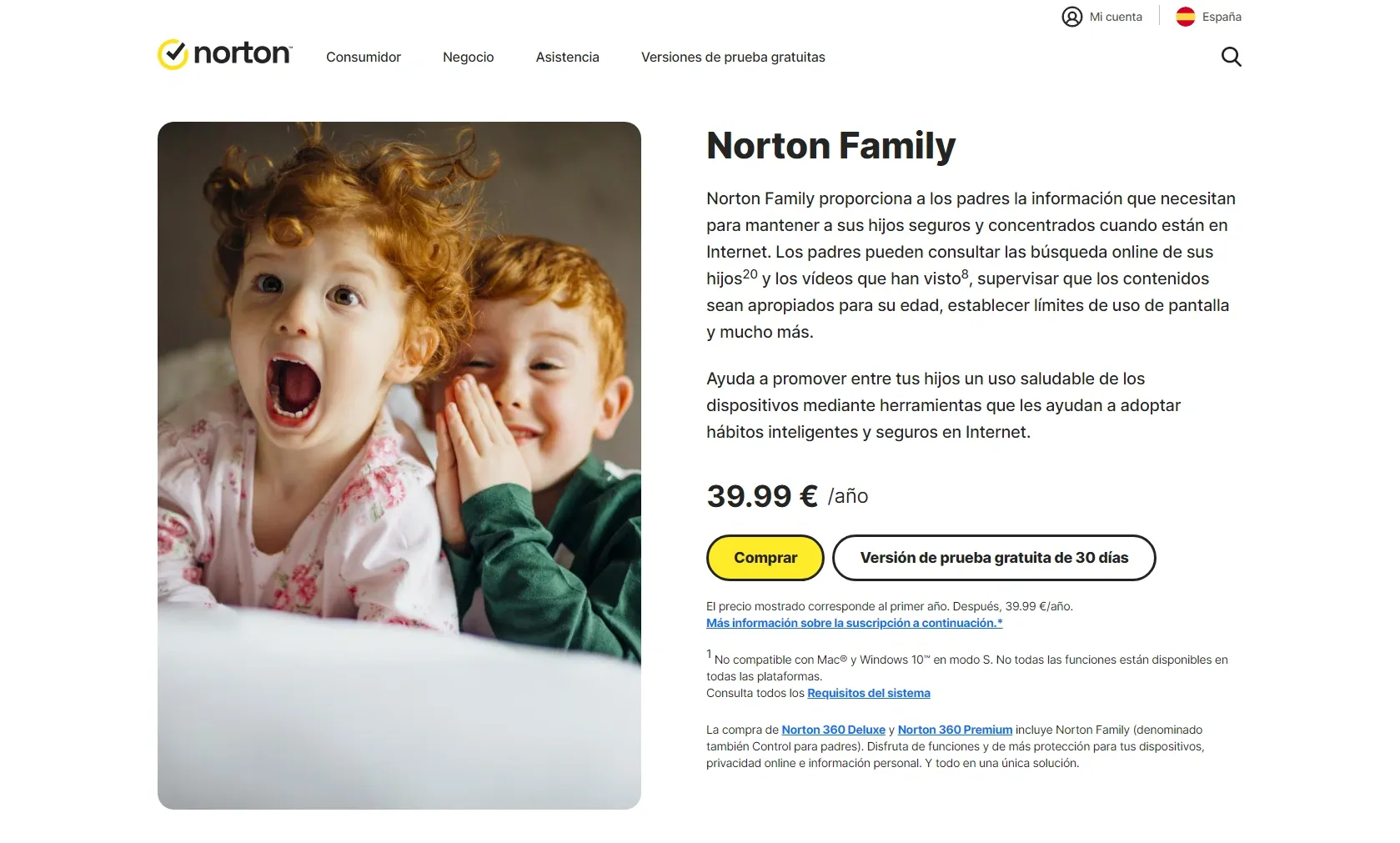 Captura de pantalla de la página de Norton Family