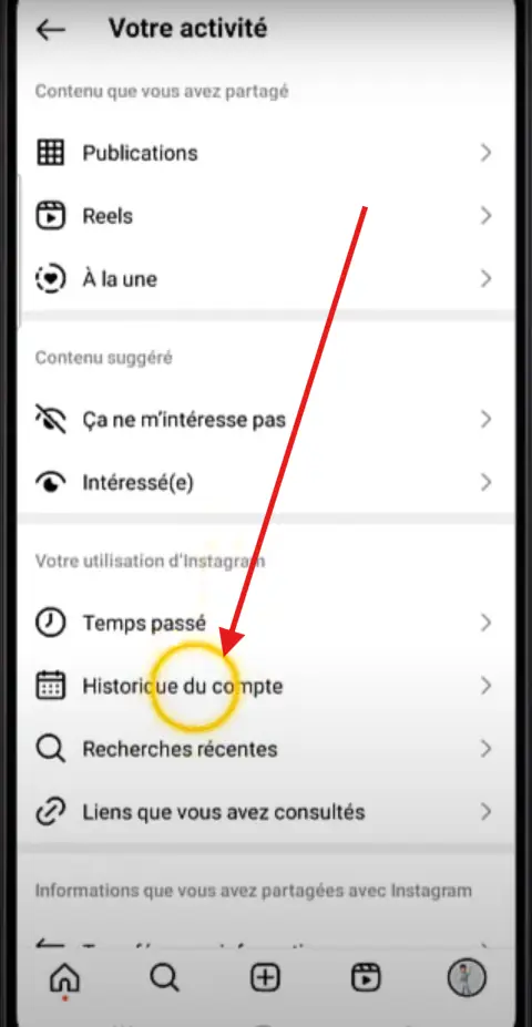 Choisissez Historique du compte