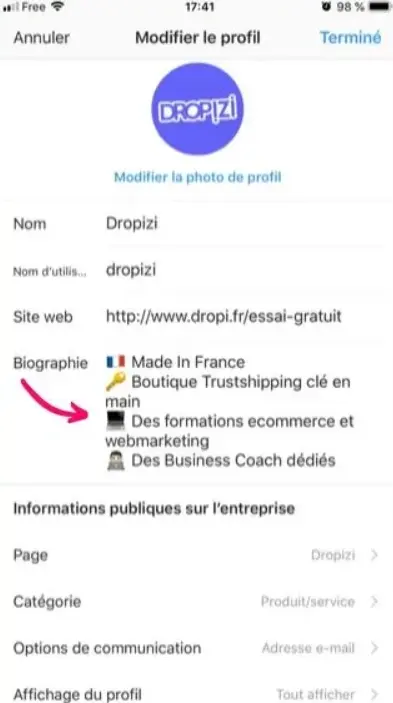 Modifier le bio Instagram