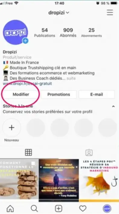 Modifier le profil Instagram