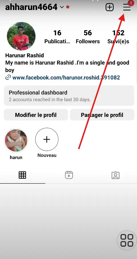 Ouvrir le menu des paramètres sur Instagram