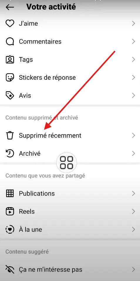 Trouver l’option “Supprimé récemment”