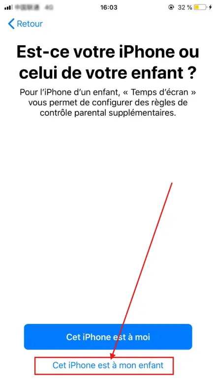 Sélectionnez Cet iPhone est à mon enfant