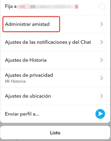 Captura de pantalla de administrar amistad en Snapchat.