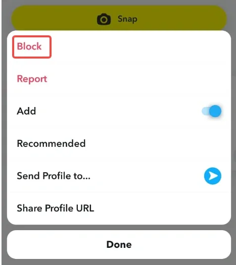 Captura de pantalla de bloquear en Snapchat.
