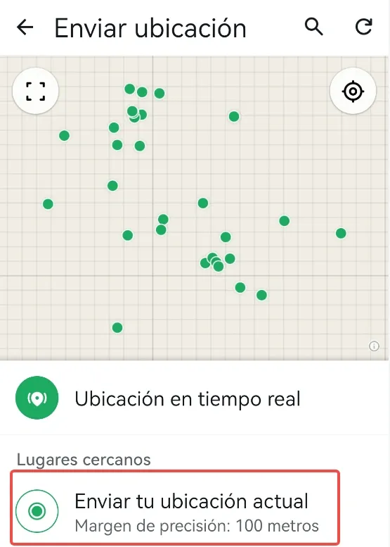 Captura de pantalla de enviar ubicación en WhatsApp.