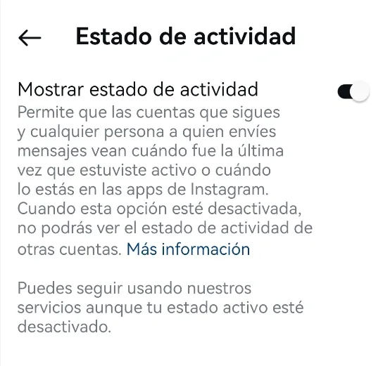 Estado de actividad en Instagram.