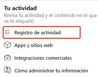 Registro de actividad en Facebook.