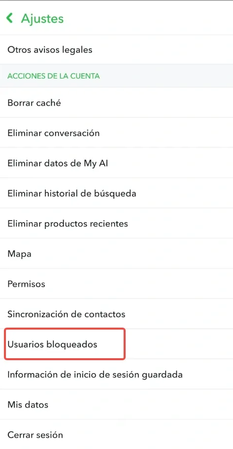Captura de pantalla de usuarios bloqueados en Snapchat.