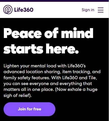 Life360 homepage screenshot.